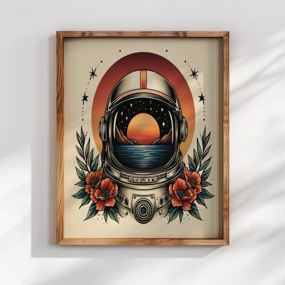 Astronaut Helmet Wall Art, Retro Tattoo Space Illustration, Floral Space Artwork